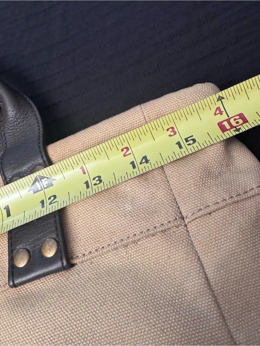 Levenger Canvas Tan and Brown Purse Tote Bag 12” x 16” Zipper Pocket inside